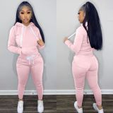Women's Fashion Autumn and Winter 2-piece Solid Color Hooded Set with Fleece Drawstring (with Pockets)