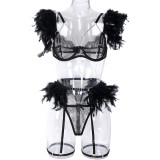 Multi-Color Feather Detachable Lace Metal Chain Lingerie Set