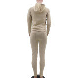 Women's Fashion Autumn and Winter 2-piece Solid Color Hooded Set with Fleece Drawstring (with Pockets)