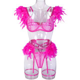 Multi-Color Feather Detachable Lace Metal Chain Lingerie Set