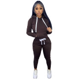 Women's Fashion Autumn and Winter 2-piece Solid Color Hooded Set with Fleece Drawstring (with Pockets)