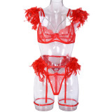 Multi-Color Feather Detachable Lace Metal Chain Lingerie Set