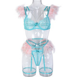 Multi-Color Feather Detachable Lace Metal Chain Lingerie Set