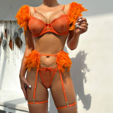 Multi-Color Feather Detachable Lace Metal Chain Lingerie Set