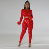 Long-sleeved short top with slim pencil pants fashion two-piece