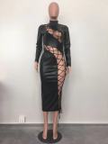 Fall Winter Style Lace-Up Pu Leather Dress