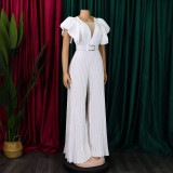 Belted Plus Size Women'smesh See-Through Sexy Pleated Wide Leg Slim Waist Jumpsuit