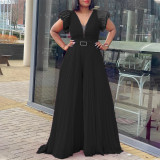 Belted Plus Size Women'smesh See-Through Sexy Pleated Wide Leg Slim Waist Jumpsuit