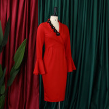 Women's Fall Winter V-Neck Chic Elegant Bell Bottom Sleeve Slit Bodycon Dress