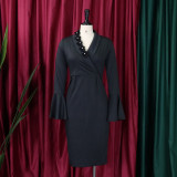 Women's Fall Winter V-Neck Chic Elegant Bell Bottom Sleeve Slit Bodycon Dress