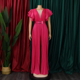 Belted Plus Size Women'smesh See-Through Sexy Pleated Wide Leg Slim Waist Jumpsuit