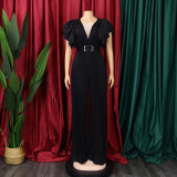 Belted Plus Size Women'smesh See-Through Sexy Pleated Wide Leg Slim Waist Jumpsuit