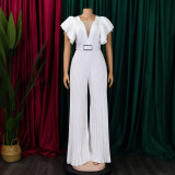 Belted Plus Size Women'smesh See-Through Sexy Pleated Wide Leg Slim Waist Jumpsuit