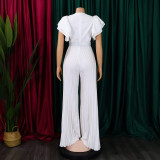 Belted Plus Size Women'smesh See-Through Sexy Pleated Wide Leg Slim Waist Jumpsuit