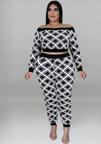 Plus Size Women'S Print Off Shoulder Top And Pants Two Piece Set