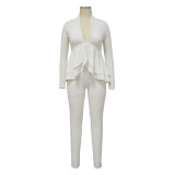 Women'S Autumn Solid Ruffle Deep V Neck Long Sleeve Top Pencil Pants Two Piece Set
