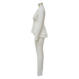 Women'S Autumn Solid Ruffle Deep V Neck Long Sleeve Top Pencil Pants Two Piece Set