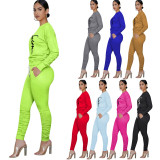 Women'S Print Solid Color Long Sleeve Round Neck Top And Ruched Pants Set Two-Piece Set