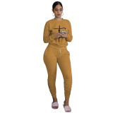 Women'S Print Solid Color Long Sleeve Round Neck Top And Ruched Pants Set Two-Piece Set