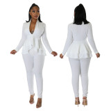 Women'S Autumn Solid Ruffle Deep V Neck Long Sleeve Top Pencil Pants Two Piece Set