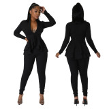 Women'S Autumn Solid Ruffle Deep V Neck Long Sleeve Top Pencil Pants Two Piece Set