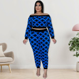 Plus Size Women'S Print Off Shoulder Top And Pants Two Piece Set