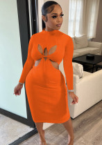 Women'S Solid Round Neck Cutout Long Sleeve Ribbed Dress