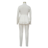 Women'S Autumn Solid Ruffle Deep V Neck Long Sleeve Top Pencil Pants Two Piece Set