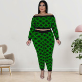Plus Size Women'S Print Off Shoulder Top And Pants Two Piece Set