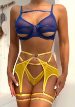 Sexy Lingerie Fashion Color Blue And Yellow Stretch Mesh Contrast Color Three-Piece Set