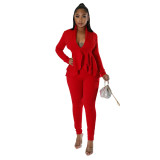 Women'S Autumn Solid Ruffle Deep V Neck Long Sleeve Top Pencil Pants Two Piece Set