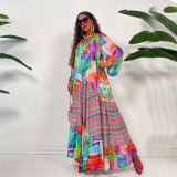 Women Vintage V-Neck Print Pleated Long Sleeve Loose Dress