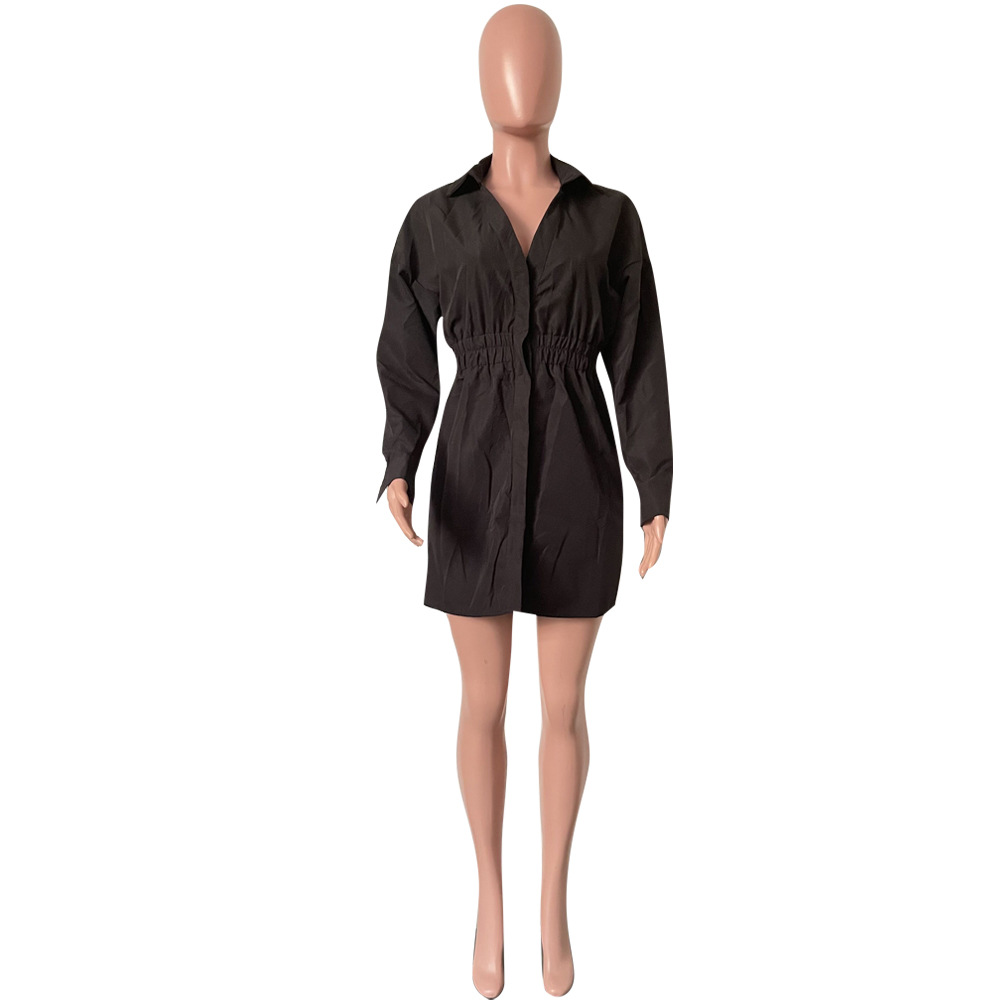 Women Chic Lapel Long Sleeve Solid Dress