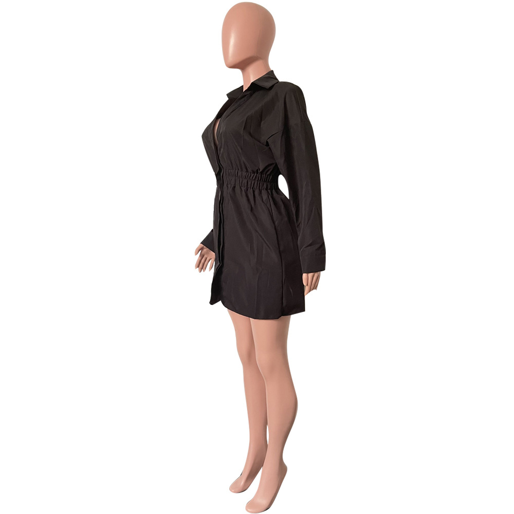 Women Chic Lapel Long Sleeve Solid Dress