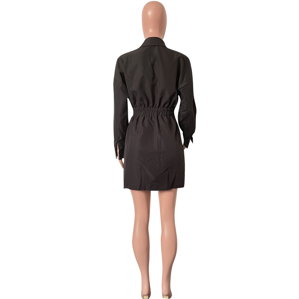 Women Chic Lapel Long Sleeve Solid Dress
