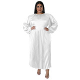 Plus Size Women Pleated Round Neck Long Sleeve Dress