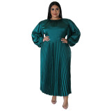 Plus Size Women Pleated Round Neck Long Sleeve Dress