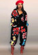 Women Long Sleeve Letter Print Turndown Collar Bell Bottom Jumpsuit