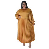 Plus Size Women Pleated Round Neck Long Sleeve Dress
