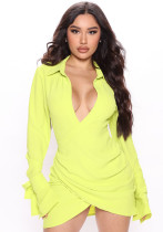 Fall Women Sexy Pleated Crossover Shirt Dress