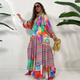 Women Vintage V-Neck Print Pleated Long Sleeve Loose Dress