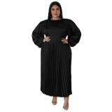 Plus Size Women Pleated Round Neck Long Sleeve Dress