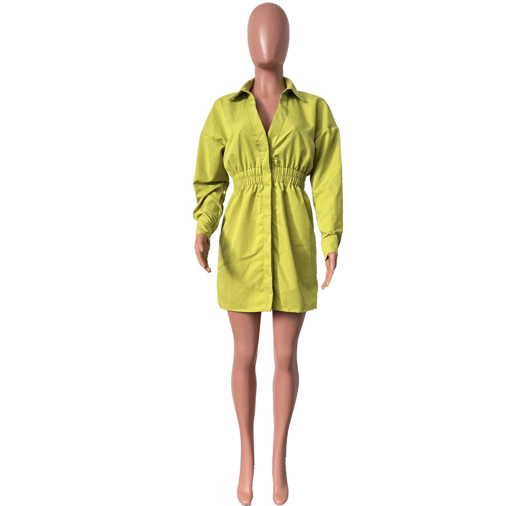Women Chic Lapel Long Sleeve Solid Dress