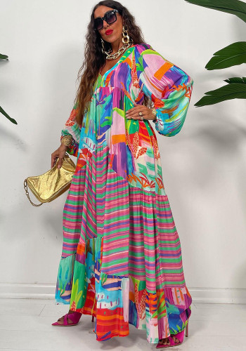 Women Vintage V-Neck Print Pleated Long Sleeve Loose Dress