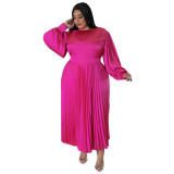 Plus Size Women Pleated Round Neck Long Sleeve Dress