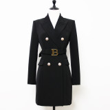 Spring Autumn Fashion Solid Color Slim Belt Long Sleeve Slim Chic Career Suit Dress
