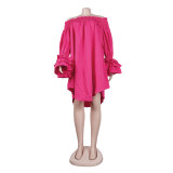 Summer Solid Off Shoulder Ruffled Long Sleeve Loose Casual Dress