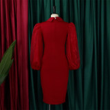 Women'S Spring Autumn Long Sleeve Plus Size Beaded Mesh Patchwork Career Bodycon Pencil Dress