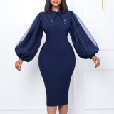Women'S Spring Autumn Long Sleeve Plus Size Beaded Mesh Patchwork Career Bodycon Pencil Dress