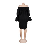 Summer Solid Off Shoulder Ruffled Long Sleeve Loose Casual Dress